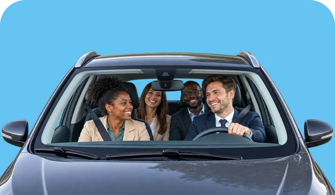 Illustration de quatre voisins dans une voiture.