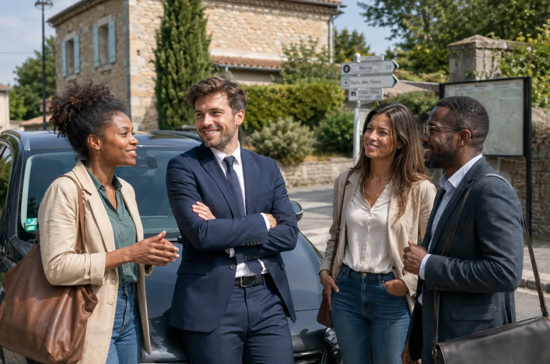 Illustration de voisins réunis près d’une voiture.